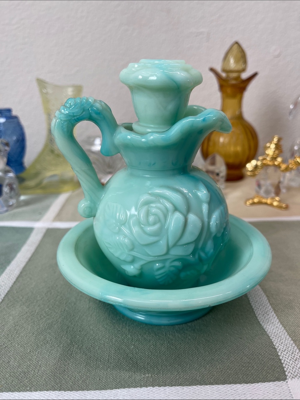 Vintage Avon Jadeite Floral Glass Ewer and Basin